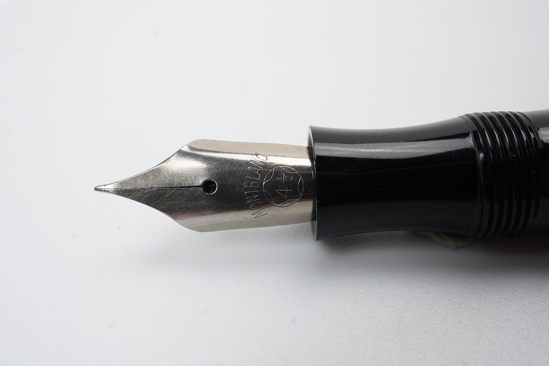 A Montblanc unusual fountain pen with steel nib and nickel trim, marked on 'Montblanc' on barrel, possible wartime model or student pen